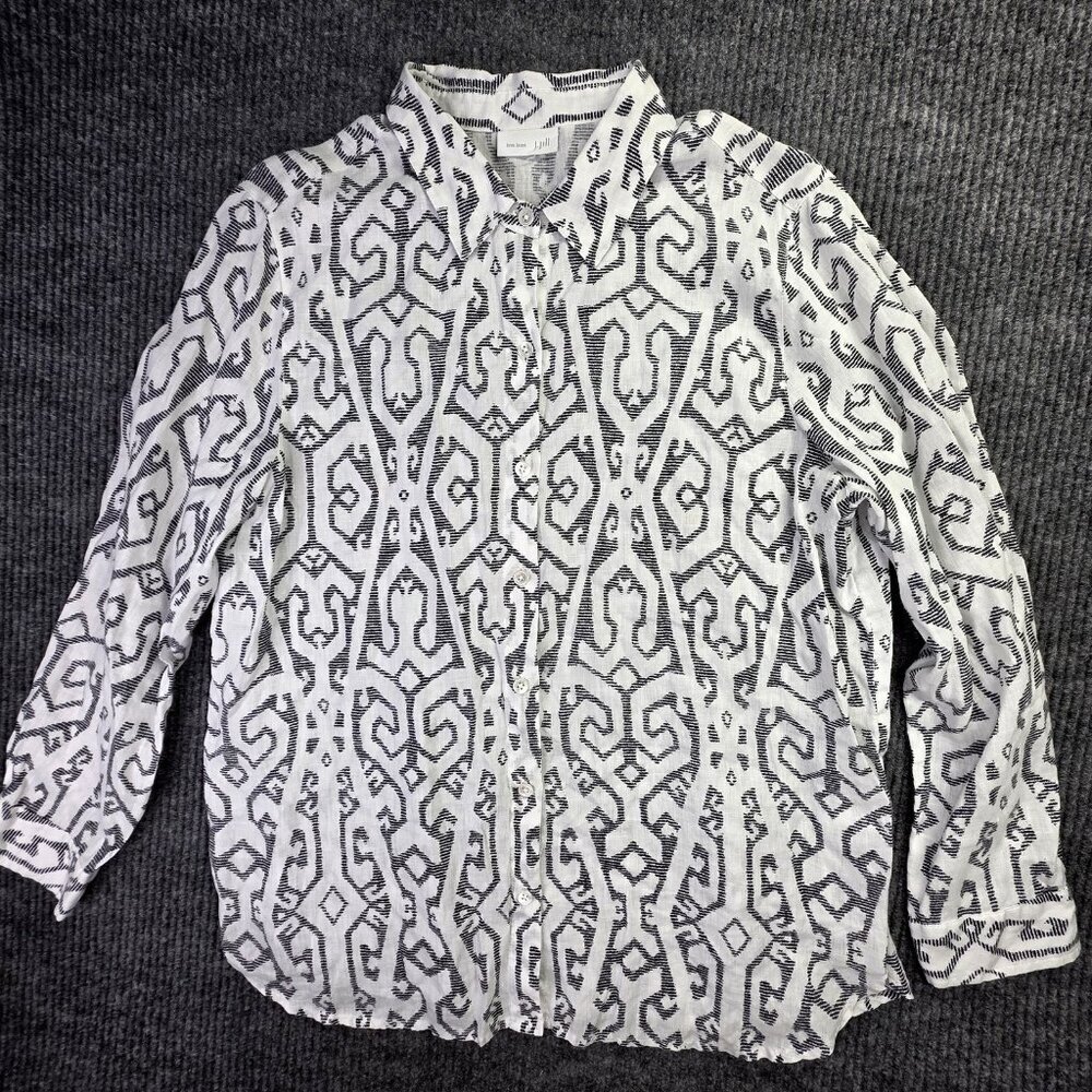 J Jill Love Linen Shirt Womens Large White Black Geometric Art Boho Artsy Office